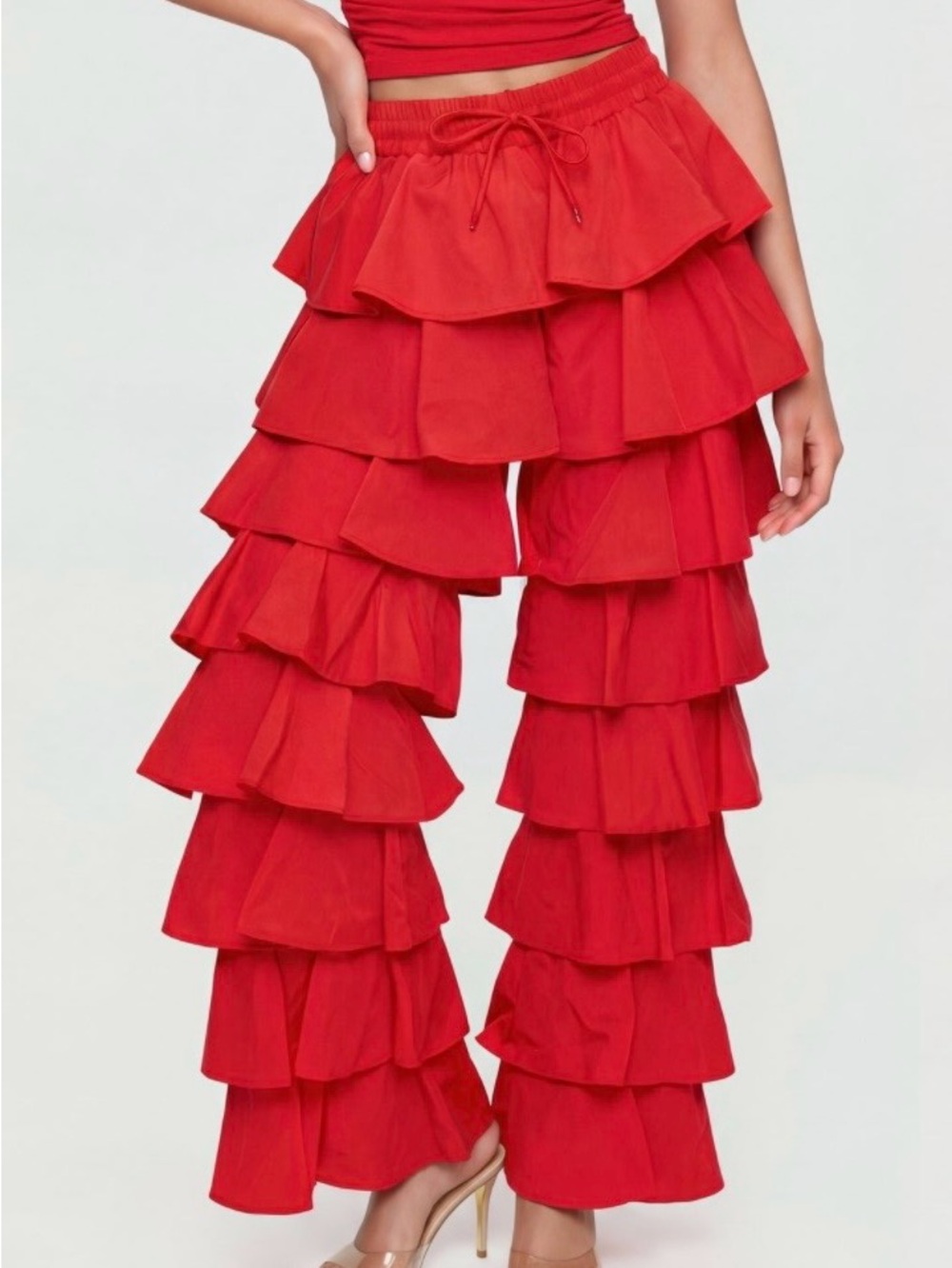 Red Drawsting Elasti Waist Ruffled Tiered Baggy Pants size S